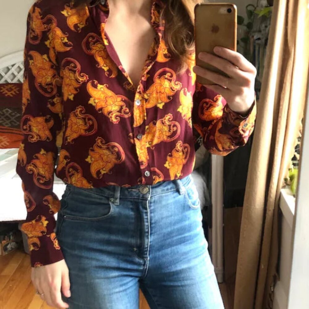 True Vintage Real Silk Maroon Paisley Blouse Size XS-S